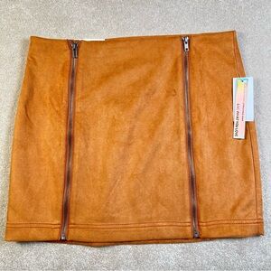 Faux Suede Skirt Brown Short Length Double Zipper Front New Poly Blend Junior XL